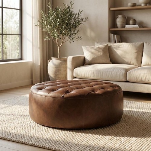 Large tufted leather pouf - leather,